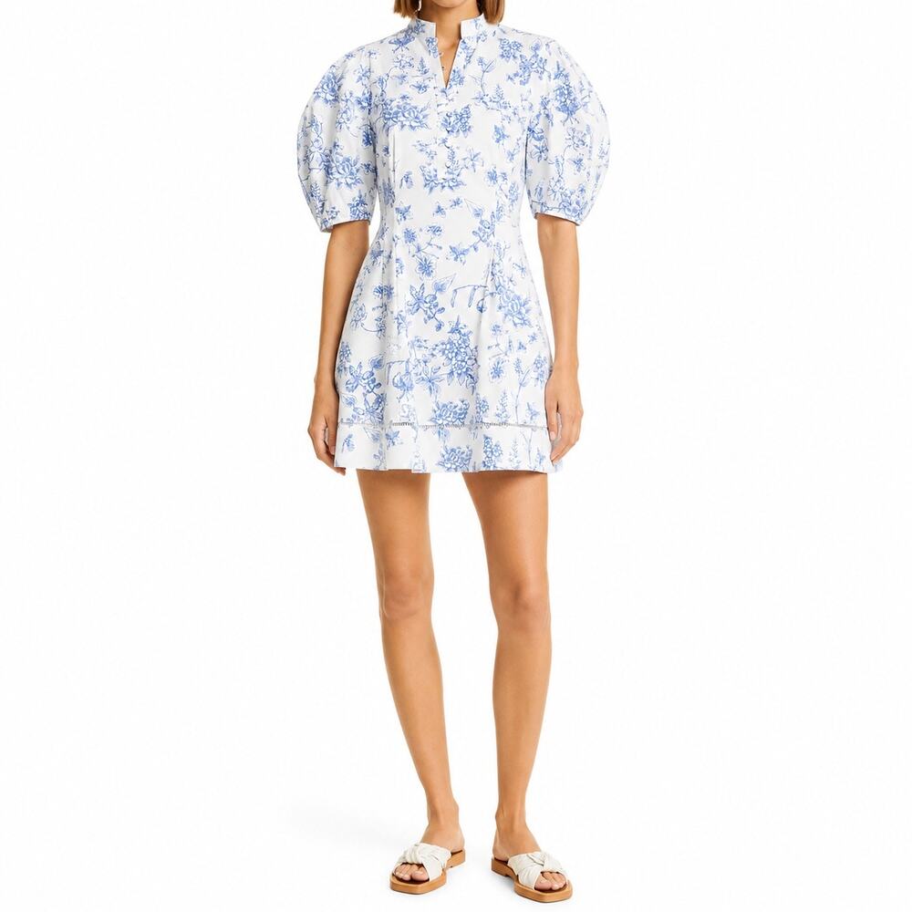 Club Monaco Toile Print Puff Sleeve Mini Dress White Blue Sz 2 Coquette Regency